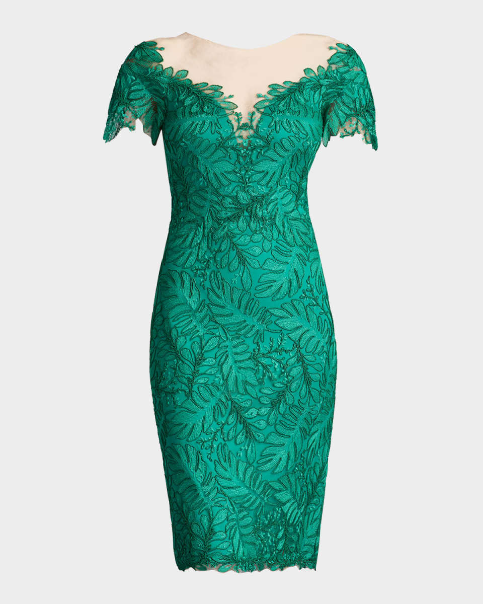 Leaf-Embroidered Bodycon Illusion Dress
